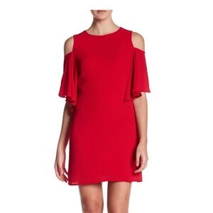 London Times Red Sheath Mini Dress Cold Shoulder Ruffled Sleeve Size 6 Petite